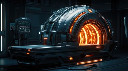 Futuristic energy portal technology sci-fi laboratory 3d rendering dark environment close-up view innovation concept