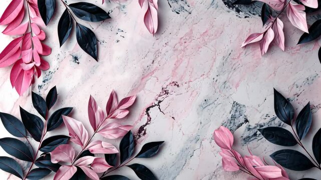 Elegant creative layout adorned with pink and black leaves on a luxurious marble background, Ai Generated.