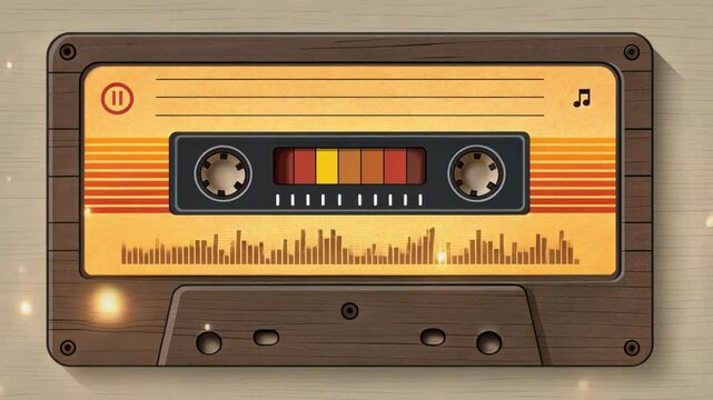 Classic Tape Deck A digital display resembling a vintage tape player with warm orange and yellow equalizer bars bouncing up and down framed by a simple wood grain texture. Tiny
