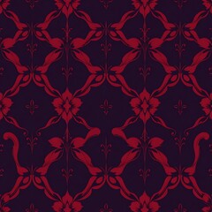 Fototapeta premium Crimson Damask Seamless Pattern: A captivating pattern of intricate red damask flourishes on a deep navy background, creating a luxurious and sophisticated design.