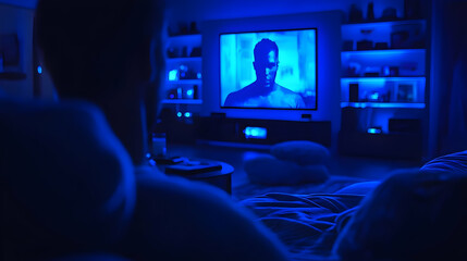 Blue-Lit Room Nighttime TV Watching Illustration