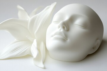 A calm female face adorned by subtle white petals in a magical configuration.