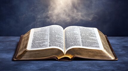 Fototapeta premium In the eerie darkness, a mystical book with ethereal light emanating from it is enveloped by swirling mist.