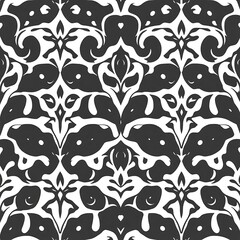 Black and White Damask Pattern: Seamless, intricate, stylish, contemporary, elegant, sophisticated, modern, decorative, design, vector, abstract, art deco, wallpaper, textile, fabric, surface.