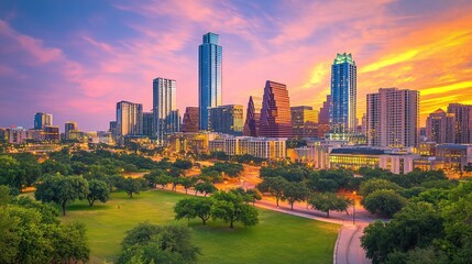 Obraz premium Austin, Texas Skyline at Sunset: A Breathtaking Panorama of City and Nature