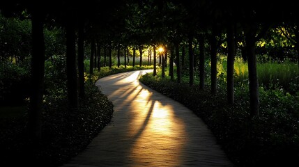 Obraz premium Sunlit path through a tree-lined walkway at sunset.
