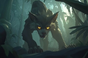 A magnificent black cat silently explores the abundant indoor plant life in semi-darkness.