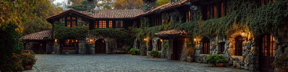 Fototapeta premium A large stone house with ivy-covered walls and warm lights stands amidst autumn trees. Concept of rustic architecture and serenity. For real estate promotion.