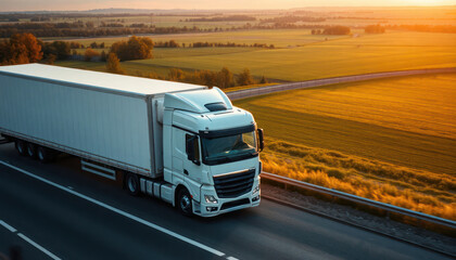 White refrigerated truck transports fresh meat on highway. Rural landscape with golden fields, sunset sky. Efficient distribution of food supplies. Logistics in action. AI-powered tech for optimized