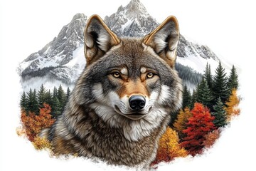 A peaceful composition that layers a wolf over a mountain landscape with double exposure