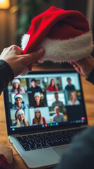 Virtual Meeting Holiday Style - Hands Hold a Santa Hat Over Their Webcam with a Grid of Colleagues