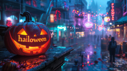 Glowing Halloween Pumpkin Overlooking Neon-Lit Cityscape