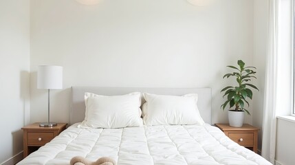 Minimalist Bedroom with White Bedding and Plant