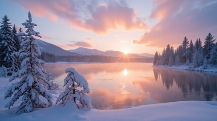 Snowy Sunrise Over Lake