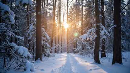 Sunrise In Snowy Forest
