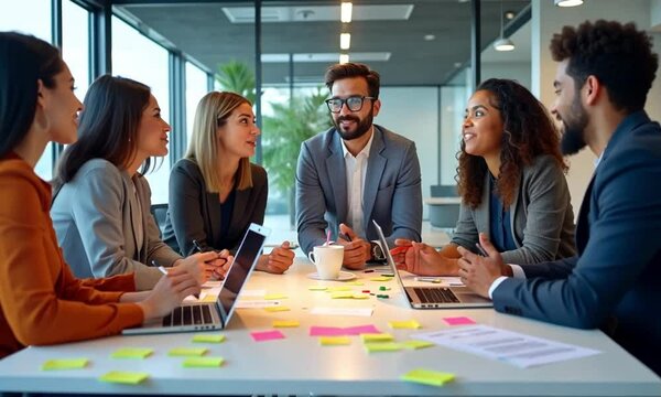 Young professionals collaborating around a modern office table with diverse ideas and teamwork in a creative business setting