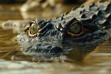 Fototapeta premium Crocodile eyes emerge from water showcasing their sharp gaze and predatory nature