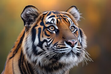 Naklejka premium Majestic tiger head captured in a vivid expression against a blurred background