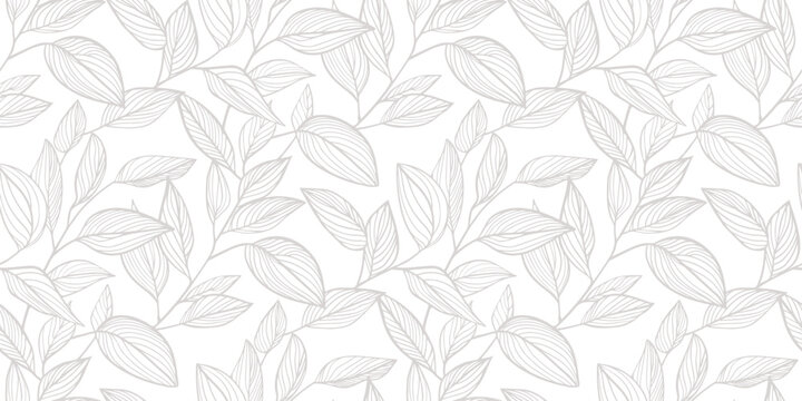 Leaves seamless pattern. Minimal gray and white vector botanical ornament, floral texture with linear foliage silhouettes, branches. Simple elegant leaf background. Delicate repeated decorative design