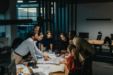 A multiracial group of business colleagues actively brainstorming around a table in an office. The scene captures teamwork, innovative thinking, and a collaborative environment.