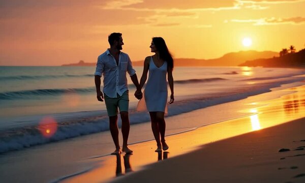 Romantic couple holding hands walking on a sandy beach at sunset enjoying love and tranquility