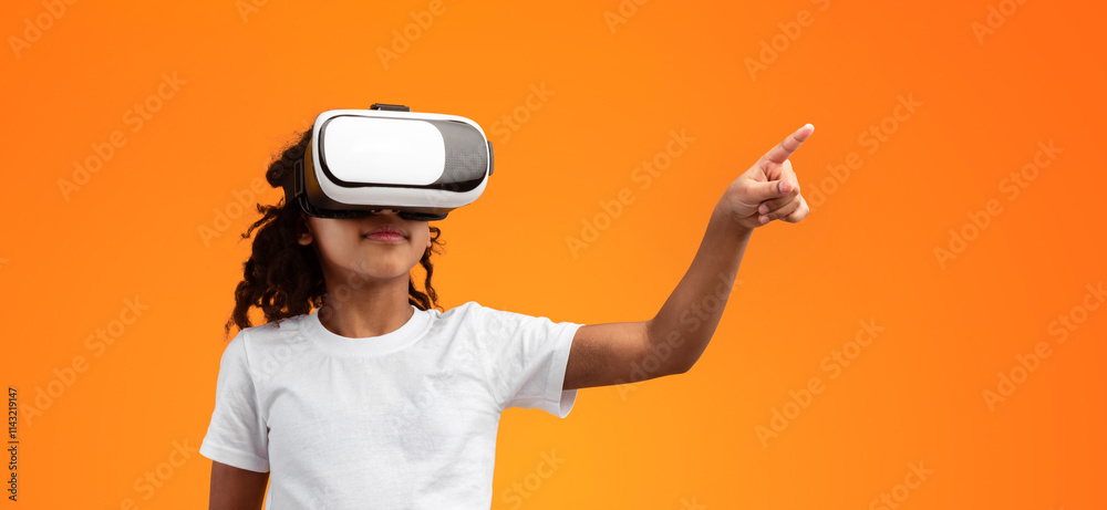Poster new futuristic experience. black girl wearing vr helmet, using virtual reality glasses and pointing 