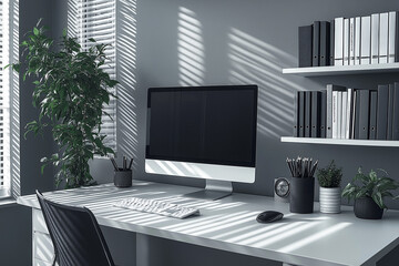 Photographie de qualité d'un bureau de travail minimaliste à domicile avec un design épuré et une ambiance productive