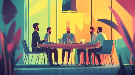  An illustration of workers at a negotiating table, collective brainstorming and collaborative thinking Growing graphs A 2d flat finance animation