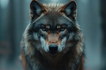 Fototapeta premium Wolf emerges from thick fog, revealing its piercing gaze in a mysterious forest setting