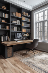 Photographie de qualité d'un bureau de travail minimaliste à domicile avec un design épuré et une ambiance productive