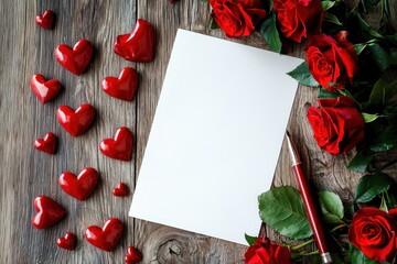 A white sheet paper on the table, red roses and hearts around it, a pen next to the blank letterhead for Valentine's Day.