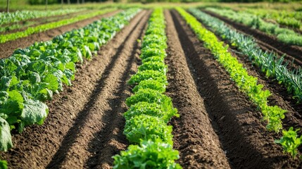 Rows of vibrant green leafy vegetables flourishing in a well-maintained agricultural field under the sunlight.