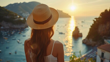 Woman in Straw Hat Contemplates Sunset Over a Picturesque Coastal Town