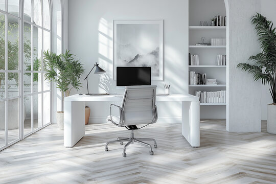 Photographie de qualit&eacute; d'un bureau de travail minimaliste &agrave; domicile avec un design &eacute;pur&eacute; et une ambiance productive