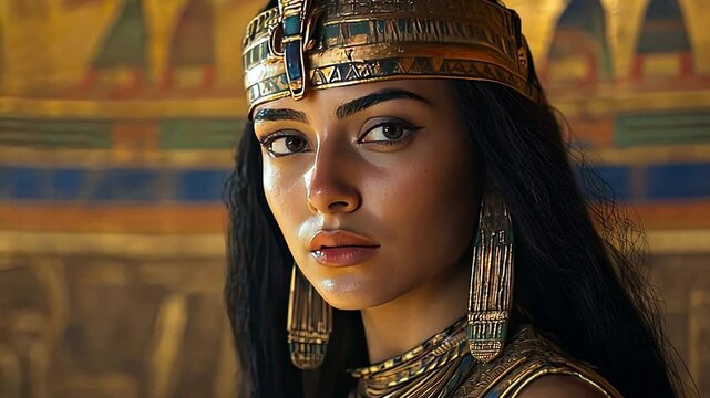 Ancient Egyptian Queen:  A regal and captivating portrait of a woman adorned in intricate gold jewelry and a headdress. Her piercing gaze exudes power and mystery.