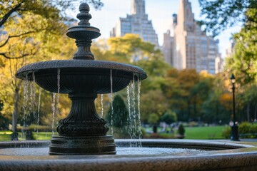 Beautiful city park drinking fountain surrounded by greenery and skyscrapers in autumn