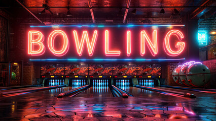 Neon Bowling Alley Sign with Vibrant Lights