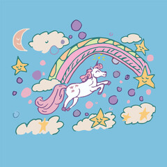 Naklejka premium Unicorn colorful and fun. Sky with stars, moon and original, unusual rainbow, child like draw, vector illustration. Doodle, free hand.