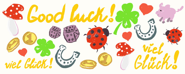 Lucky german symbols hand draw. Viktor. A dice, a mushroom, coins ladybug, piggy in beautiful colors with texture