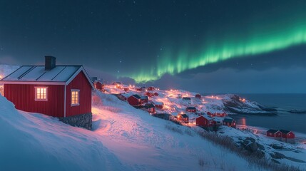 Red houses, snowy hillside, aurora borealis, night.