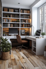 Photographie de qualité d'un bureau de travail minimaliste à domicile avec un design épuré et une ambiance productive