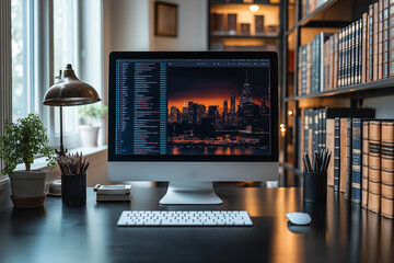 Photographie de qualité d&#x27;un bureau de travail minimaliste à domicile avec un design épuré et une ambiance productive
