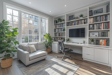 Photographie de qualité d'un bureau de travail minimaliste à domicile avec un design épuré et une ambiance productive
