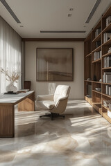 Photographie de qualit&eacute; d'un bureau de travail minimaliste &agrave; domicile avec un design &eacute;pur&eacute; et une ambiance productive