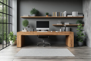 Photographie de qualité d'un bureau de travail minimaliste à domicile avec un design épuré et une ambiance productive