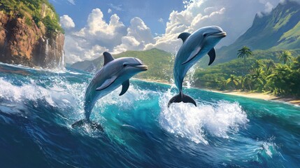 Two dolphins leap gracefully above vibrant ocean waves near a tropical beach.