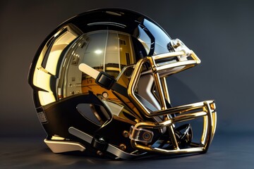 Naklejka premium Black and gold american football helmet is sitting on a dark background, reflecting the bright lights of a stadium
