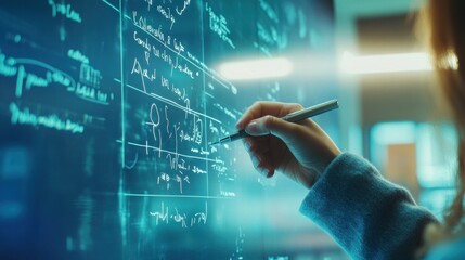 A person writing on a digital screen filled with complex equations and data visualizations.