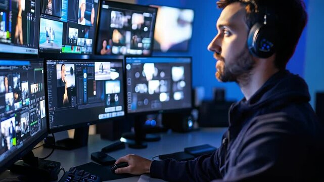 Focused on the Task: A man in headphones concentrates intently on multiple computer monitors, highlighting the dedication and focus required in today's digital age.