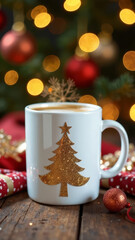 white mug with hot cappuccino with foam, with a stylish minimalistic golden Christmas tree drawn on the cup, on a light festive background, vertical, copy space